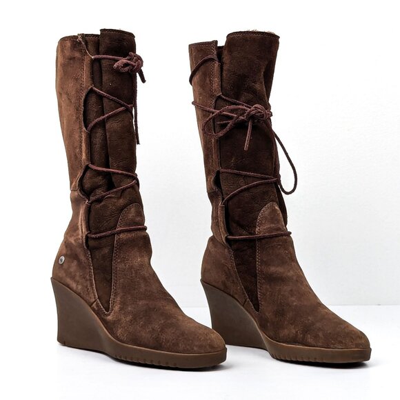 UGG Women Elsey Brown Suede Wedge Tall Lace Shearling Knee Boots sz 9 - Picture 1 of 7
